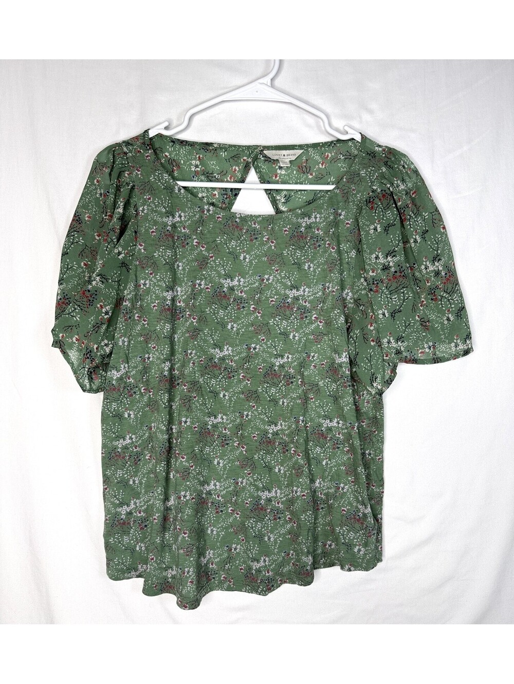 Lucky Brand Green Floral Top M Puff Sleeve Open Back Cutout Cottagecore Boho